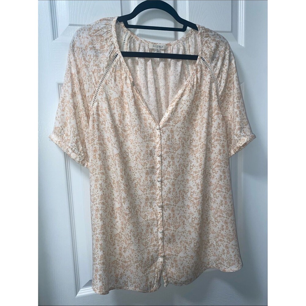ANGELS-Forever Young Cream Pink & Tan Floral Button-Front Women's Top Sz Large